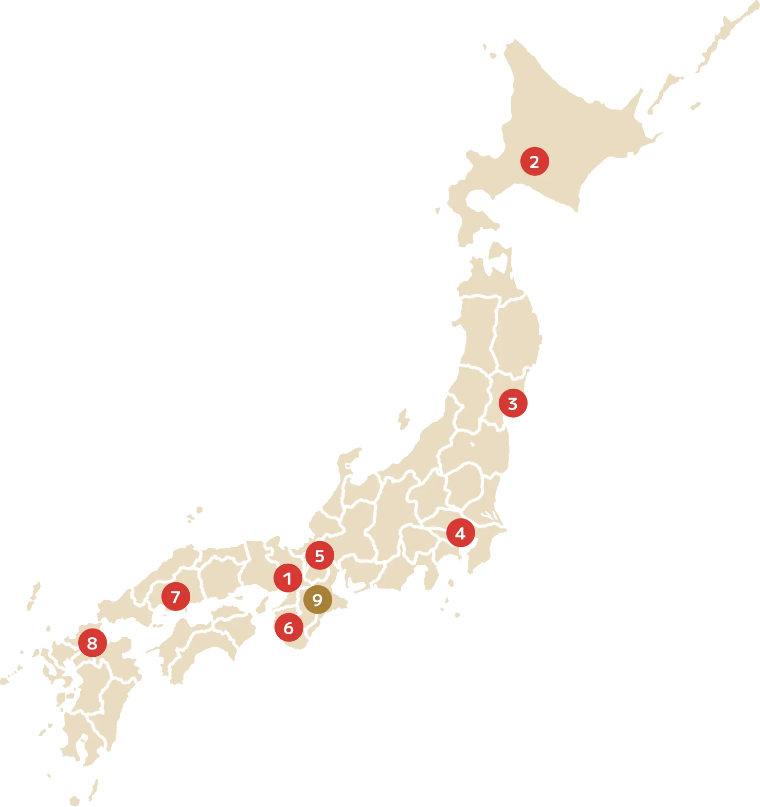 Map of Japan showing our nine locations from Hokkaido to Kyushu