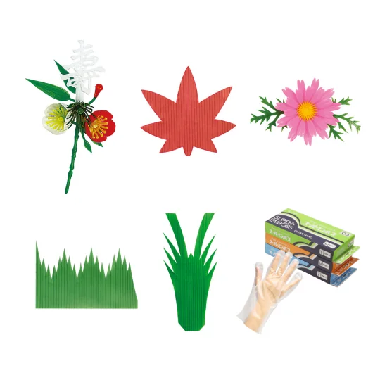 Non-food products such as sushi grass dividers, decorative flowers and disposable gloves